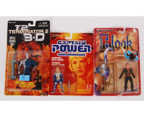 A selection of three vintage plastic action figures made by Mattel and Kenner. Figures include; Terminator 2 T1000, Hook Pete