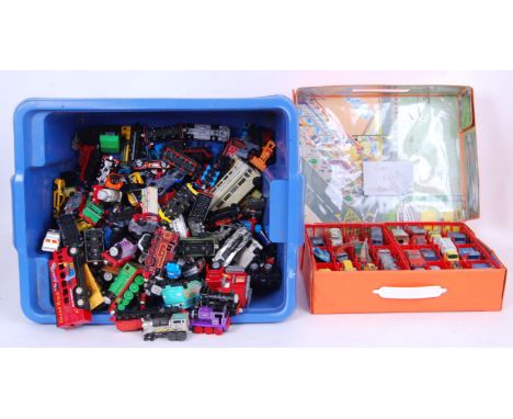 A box of loose diecast and other model cars of various makes such as Hotwheels etc, and some Thomas The Tank. Also includes a