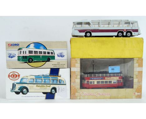 A collection of x4 assorted diecast model buses to include; a vintage Dinky Supertoy Vega Major Coach, Corgi Original Omnibus