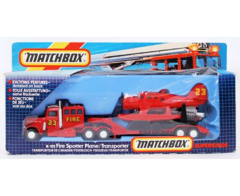 A vintage 1980's diecast Matchbox Superkings K112 Fire Spotter Plane and Transporter. 36cm long, complete, in original box.&n