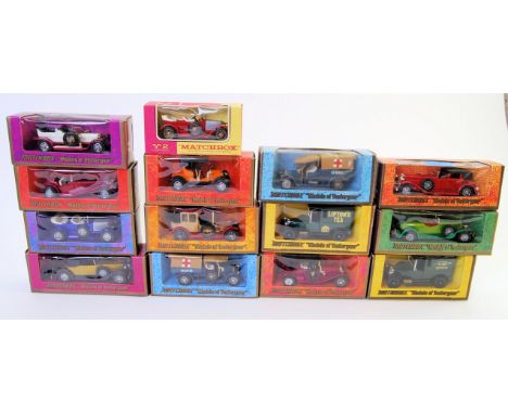 A collection of fourteen Matchbox model cars. These include; Y2 Prince Henry Vauxhall, Y13 Crossley RAF Tender, Y5 Talbot Van