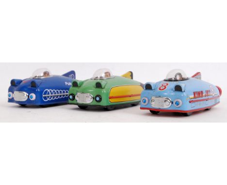 A collection of three vintage tinplate cars made by Schylling. To include; Pulse Car, King Jet etc. &nbsp;&nbsp;

POSTAGE: Wo