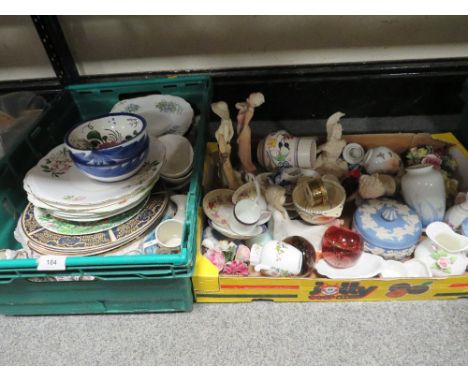 Two trays of assorted ceramics to include Wedgwood blue jasperware and Poole pottery examples 