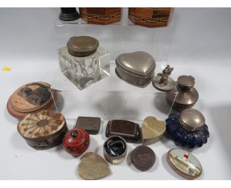 A tray of assorted collectables to include a hallmarked silver inkwell, miniature trophy etc
