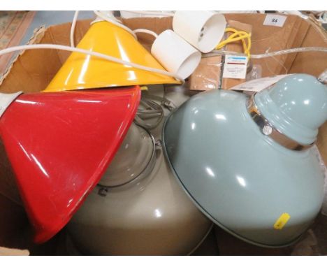A box containing two unused enamel style lamps, plus two similar shades &amp; a clock