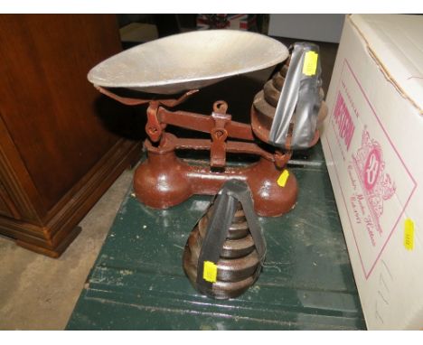 A selection to include a steel locking storage trunk, a boxed Canadian Western hat and a vintage set of weighing scale