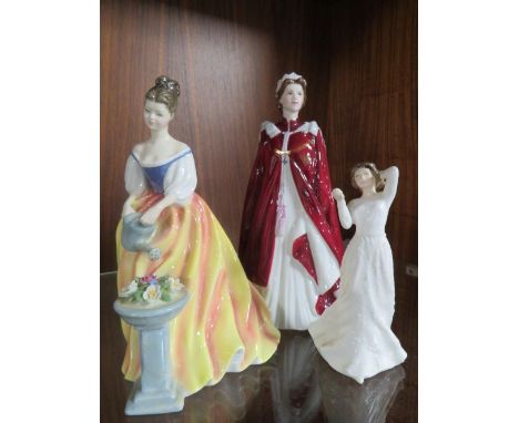 A gold stamp Royal Worcester figure of the Queens 80th Birthday together with Royal Doulton 'Alexandra' and another (3) 