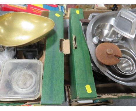 Two trays of kitchenalia etc to include kitchen scales, boxed cutlery etc.