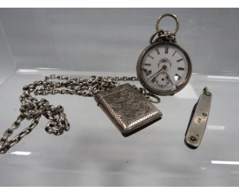 A manual wind fob watch A/F on silver belcher chain with small hallmarked silver vesta case together with a small hallmarked 
