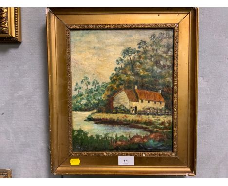 An impressionist lake scene with a house oil on canvas 30 x 25 cm 