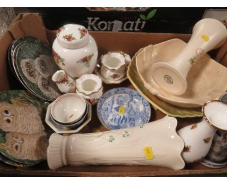 Three trays of assorted ceramics to include Royal Albert Old Country Roses, Belleek, Poole vase, etc.