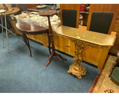 A gilt console table together with a half moon table and a plant stand. (3) 