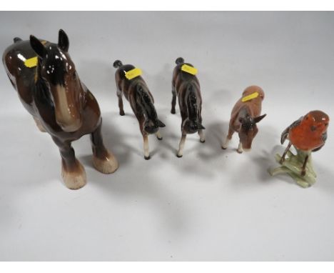 Two Beswick foals plus a donkey, a shire horse and a Goebel robin (5) - one foal has tail reglued