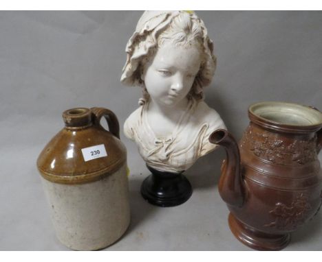 A reproduction female bust, stoneware teapot - no lid plus a stoneware jar (3)