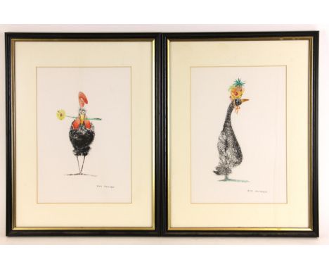Ann Edwards (British, contemporary),Seven humorous bird and animal studies,Woodblock prints and mixed media on paper,Each sig