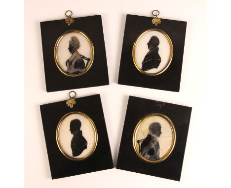 Hinton Gibbs (British fl.1790-1822), four George III portrait silhouettes, each reverse painted on oval glass, one depicting 