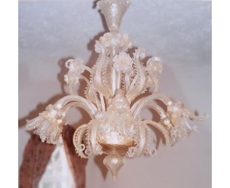 A six branch Murano glass chandelier, of typical ornate Italianate form, approximately 80cm high overall; with a conforming w