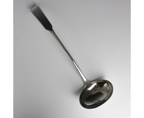 A George III silver Old English pattern soup ladle, Zeigler, Edinburgh 1810, of typical form with crest depicting huntsman an