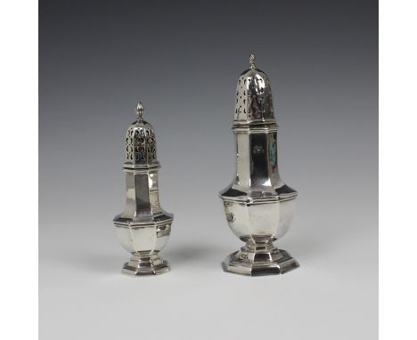 A George V silver sugar caster, Asprey and Co Ltd, Birmingham 1911, the pierced pull off cover above plain polished octagonal