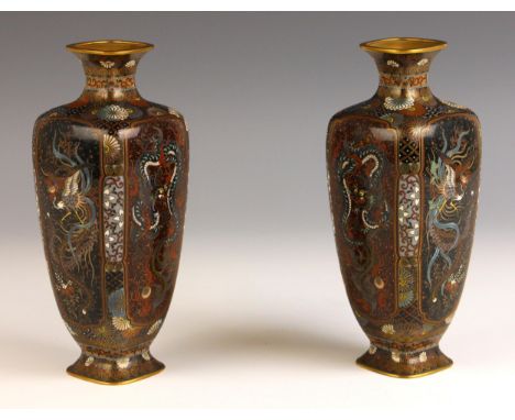 Attributed to Ota Toshiro (1869-1940), a pair of square-section cloisonne enamel vases, Meiji Period, each four sided vase of
