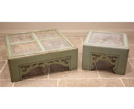 A Chinese influence painted hardwood and rattan coffee table, late 20th century, the quarter panelled cane work square top up