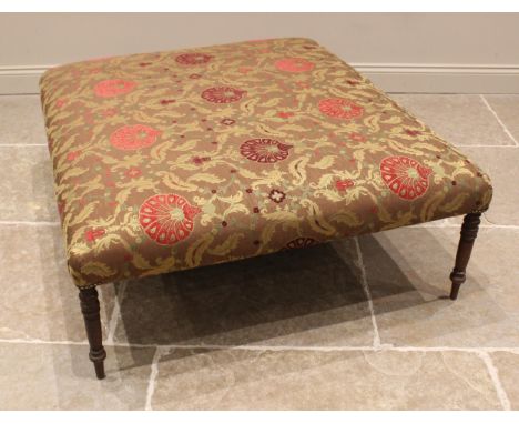 A 19th century and later mahogany footstool of country house proportions, upholstered in Jim Dickens 'Ottoman, Wild Berry' fa
