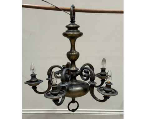 A brass Dutch style chandelier, early 20th century, the five scrolled arms set to a knopped column, 70cm H x 63cm D Lighting 