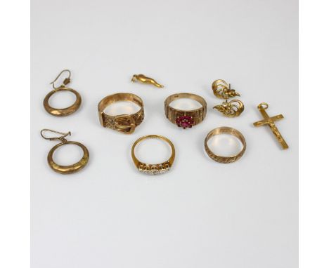A selection of jewellery, including an early 20th century diamond ring, stamped '18ct' ring size M, a 9ct buckle ring, ring s
