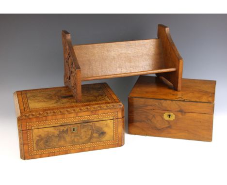 A 19th century burr walnut and marquetry banded writing box, opening to a writing slope with pen and ink bottle compartments,