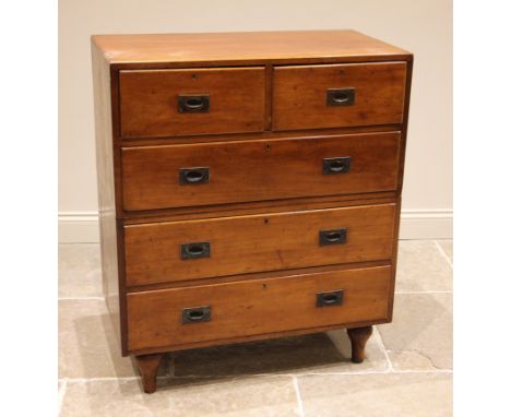 A 19th century mahogany twin section campaign chest of drawers, formed with two short over three long pine lined drawers, app