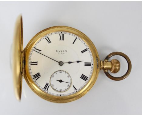 An Elgin 18ct yellow gold half hunter pocket watch, the circular white dial with Roman numerals and subsidiary dial to 6 o'cl