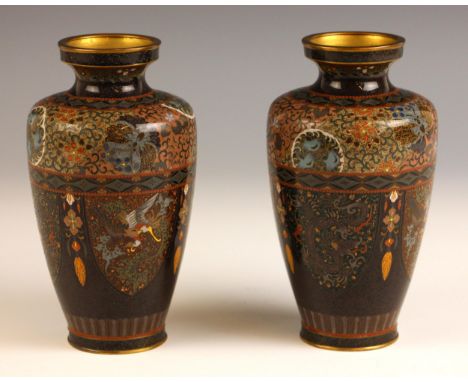 Attributed to Ota Toshiro (1869-1940), a pair of baluster cloisonne enamel vases, Meiji Period, each cylindrical vase of high