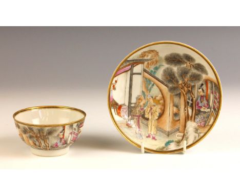 A Chinese porcelain famille rose tea bowl and saucer, possibly 18th century, the saucer finely painted with figures outside a