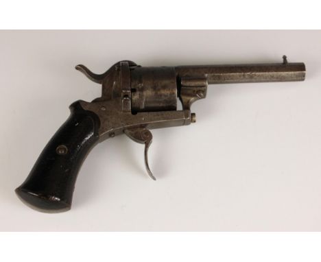 A continental rimfire six shot revolver, mid 19th century, with sighted and proof stamped 3.25" octagonal barrel, folding tri