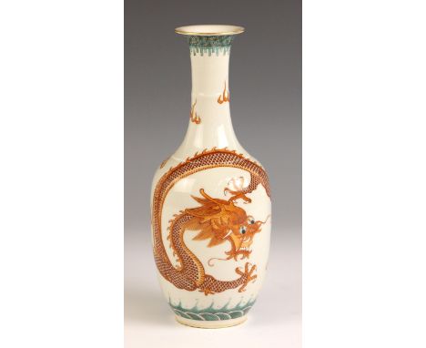 A Chinese porcelain rouge-de-fer vase, 20th century, of baluster form with slender neck, externally decorated with a scaly fi