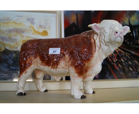 A original ceramic model of a Hereford bull originally from a butchers window.   CONDITION REPORT:  25cm high, 42cm wide 