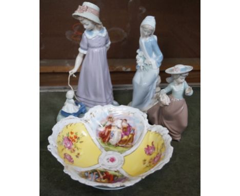 A mixed group of ceramics to include two Lladro figures, further Nao girl figure and a continental hand painted bowl (4)