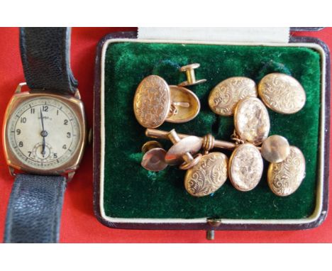 A 9k gold manual wind wristwatch, together with various gold studs and cufflinks, weight of gold approx. 12g (Qty)