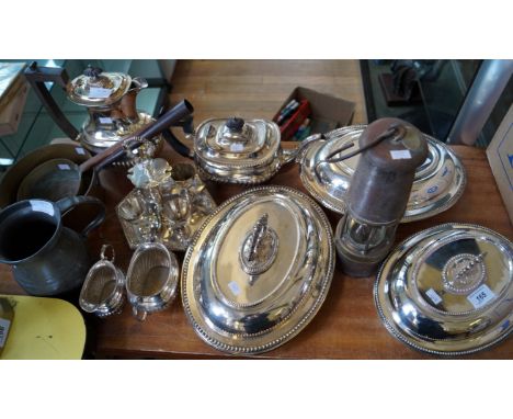 A quantity of assorted silver plate to include entree dishes, condiment set, further metalware to include miners lamp etc.