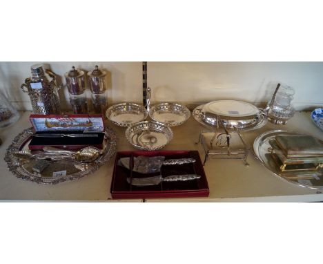 A quantity of assorted silver plate to include entree dish, wine cooler etc.