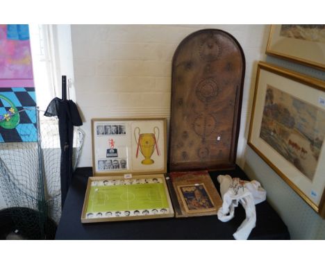 A mixed lot of vintage items to include bagatelle board, a Razzle annual, a framed banquet menu for The European Champions Cu