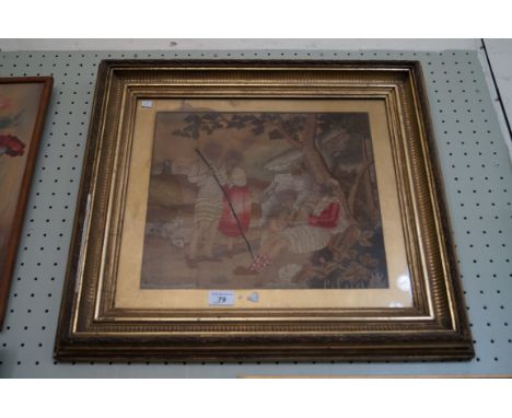 A Georgian silk work tapestry panel, depicting a male seated playing a flute to children and parents in naturalistic landscap