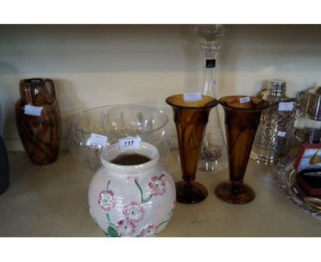 A pair of Art Deco glass vases, Royal Doulton glass decanter, Maling lustre vase etc.