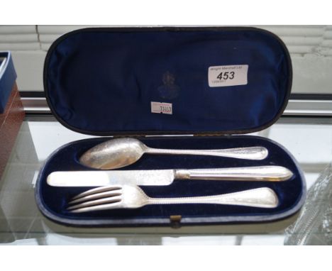 A cased Victorian hallmarked silver christening set comprising spoon, knife and fork