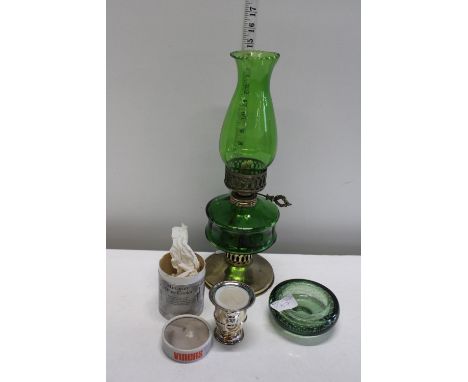 A Oil Lamp, Viners Mini Wine Cooler and small Glass bowl 