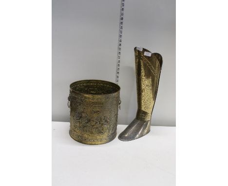 A brass coal bucket &amp; Brass stick stand in the form of a boot 