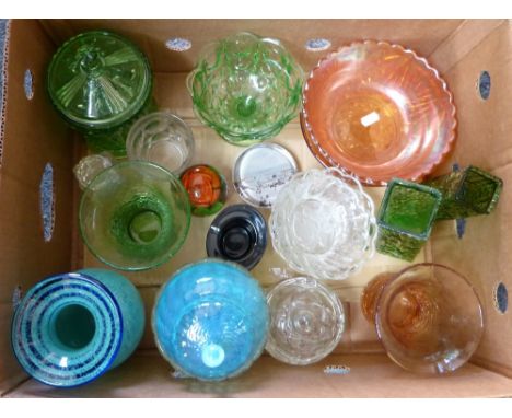A box of glassware including vaseline glass, crackle glass, vases, dishes etc.