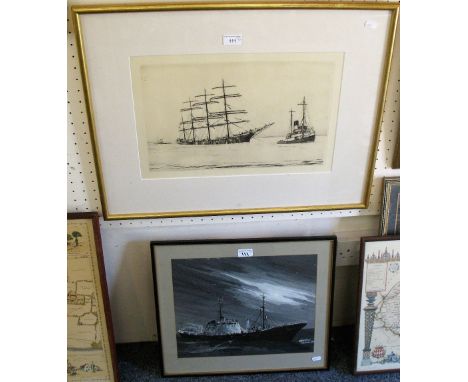 Wilkinson, en grisaille painting of a trawler and an Allinson Hick etching of boats (2)