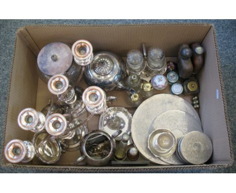 A pair of electroplated three light candelabra and other plated wares