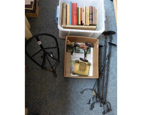 A brass desk inkwell with ceramic liner together with a model tricycle, saddle rack, four wrought iron candle holders and a b
